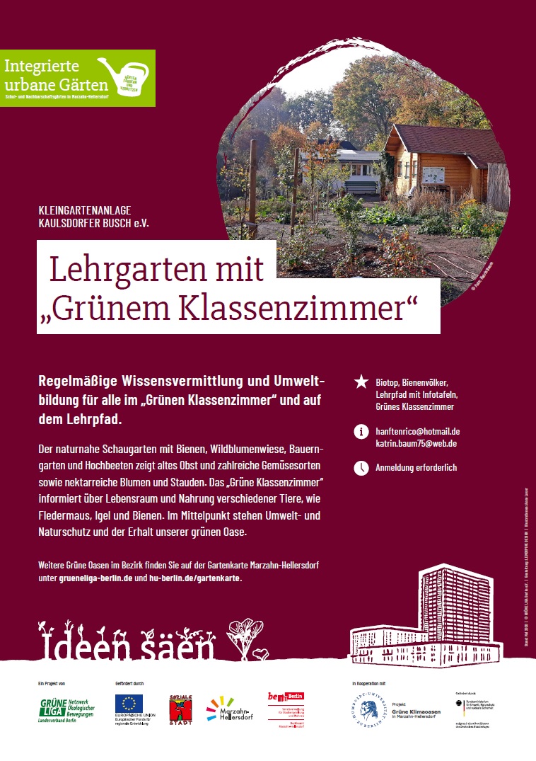 Die „Gartenkarte Marzahn-Hellersdorf: Gemeinschaftsgärten, Kleingärten & Umweltbildungsorte entdecken" ist da! Der Faltplan sowie die Infotafeln entstanden als Kooperationsprojekt zwischen der GRÜNEN LIGA Berlin und der Humboldt-Universität zu Berlin im Rahmen der beiden Projekte „Integrierte urbane Gärten“ und „Grüne Klimaoasen“. Weitere Informationen zur Gartenkarte und den Projekten finden Sie unter: http://www.urbanegaerten.grueneliga-berlin.de/ (unter „Gartenkarte Marzahn-Hellersdorf“) und www.agrarberatung.hu-berlin.de/forschung/klimaoasen (unter „Mediathek“) 